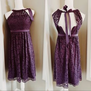 David's Bridal plumb purple lace halter formal dress